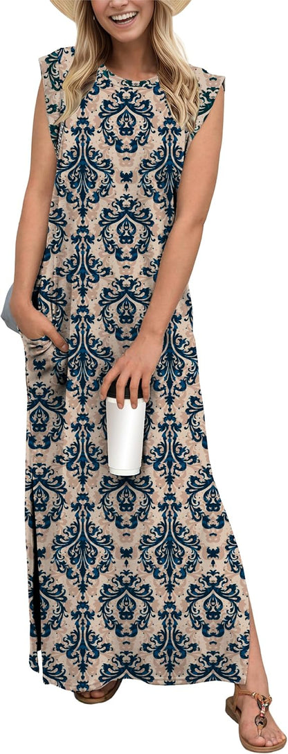 GRECERELLE 2026 Women Year-Round Casual Round Neck Loose Split Wrinkle-Free Long Maxi Vacation Dress with Pockets (XXS-4XL)