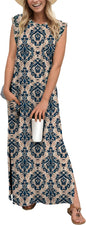GRECERELLE 2026 Women Year-Round Casual Round Neck Loose Split Wrinkle-Free Long Maxi Vacation Dress with Pockets (XXS-4XL)