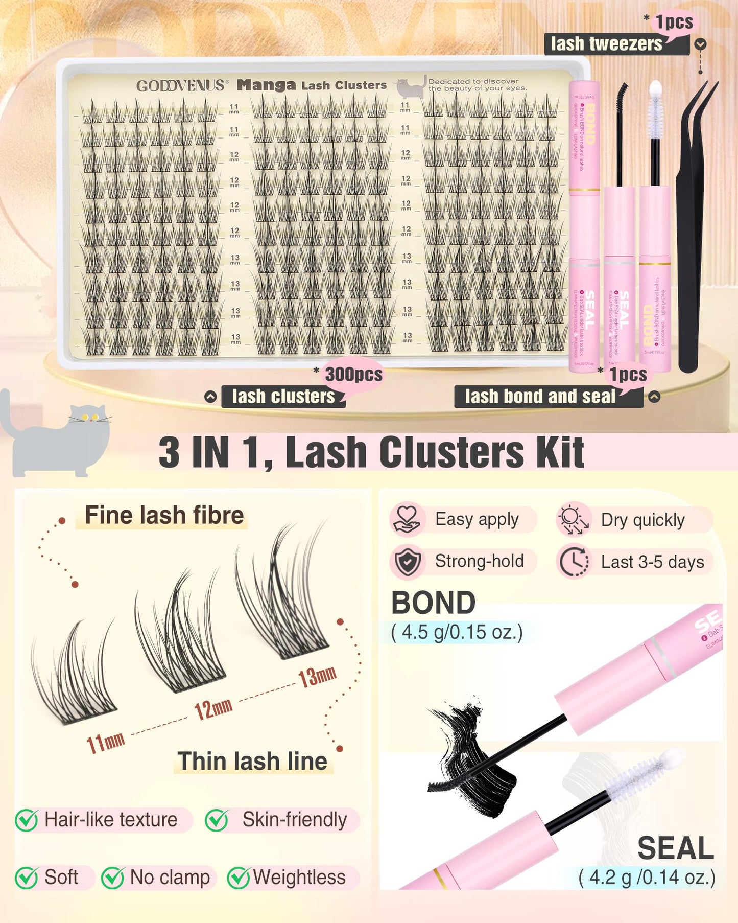 Goddvenus Brown Wispy Eye Lash Clusters Kit Natural Cluster Eyelash Extensions Kit False Eyelash Clusters Fluffy DIY Individual Lash Extensions Kit C Curl