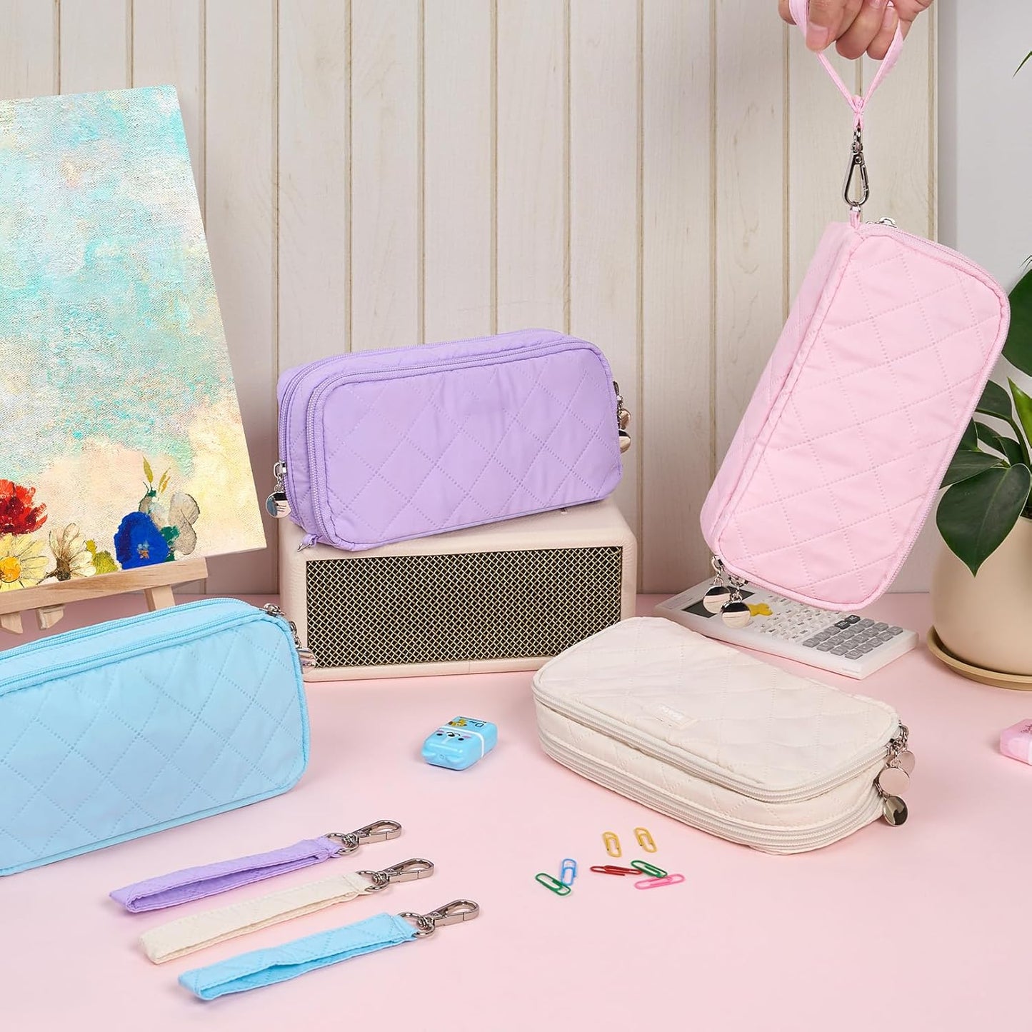 Sooez Large Pencil Case Pouch, Extra Big Pencil Bag with 8 Compartments, Pen Bag Wide Opening, Soft Quilted Pencil Pouch Organizer with Zipper, Portable Pencil Case for Teen Girls, Beige