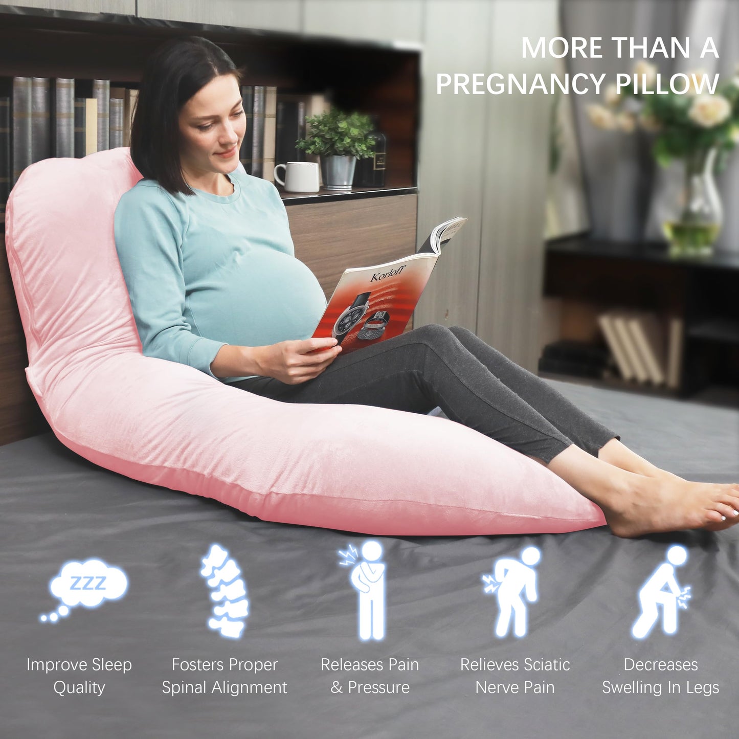 MOON PARK Pregnancy Pillows for Sleeping - U Shaped Full Body Maternity Pillow with Removable Cover - Support for Back, Legs, Belly, HIPS - 65 Inch - Aquamarine