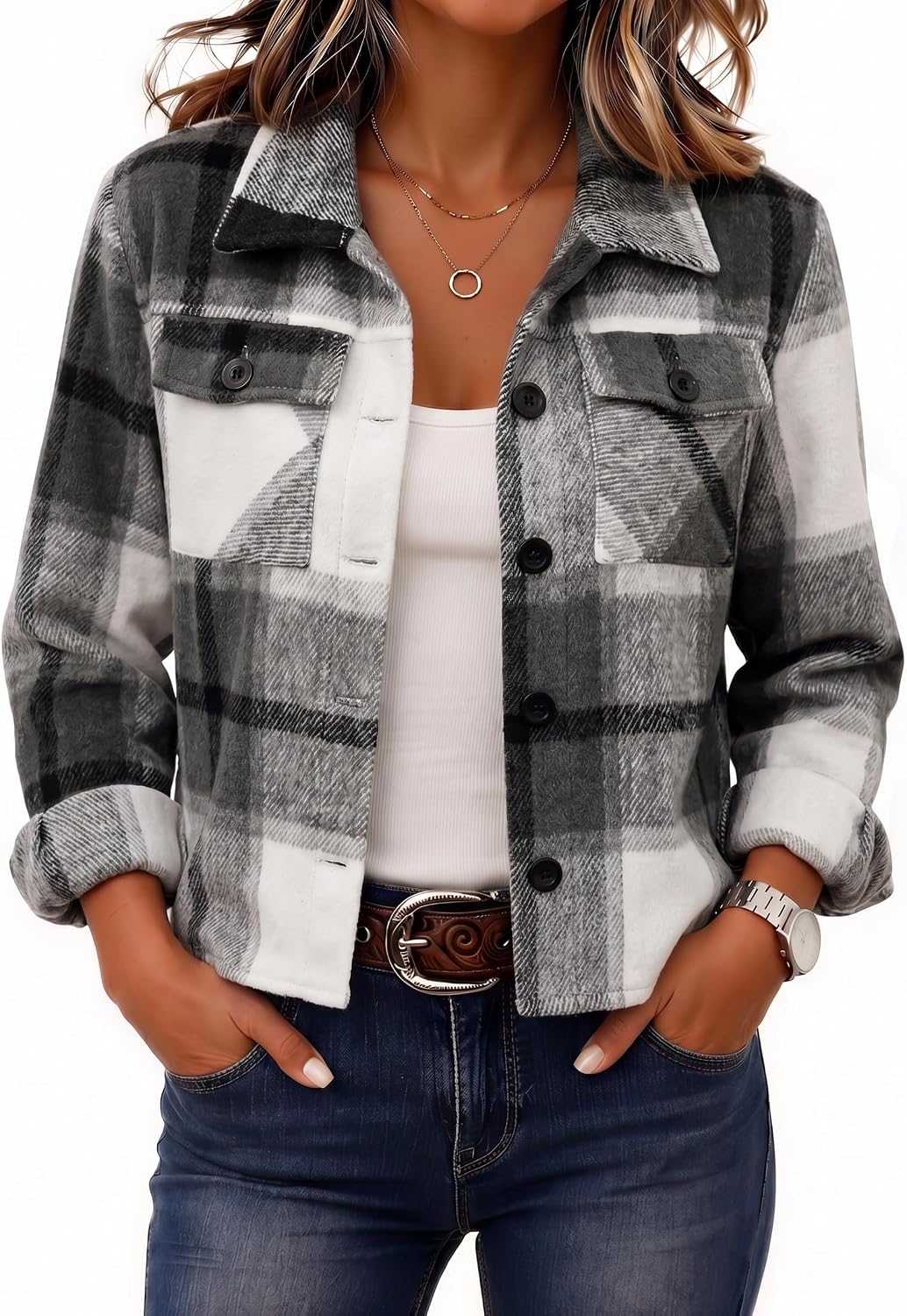 Zeagoo Flannels for Women Cropped Shacket Jacket Fashion Plaid Fall Coat