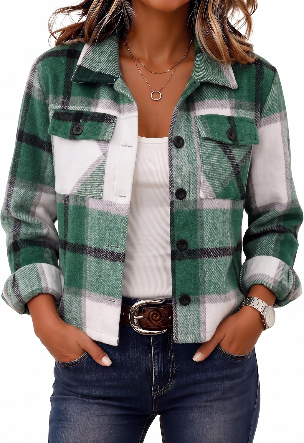 Zeagoo Flannels for Women Cropped Shacket Jacket Fashion Plaid Fall Coat