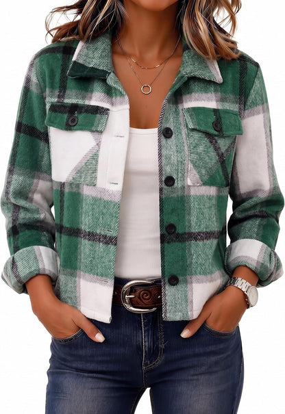 Zeagoo Flannels for Women Cropped Shacket Jacket Fashion Plaid Fall Coat