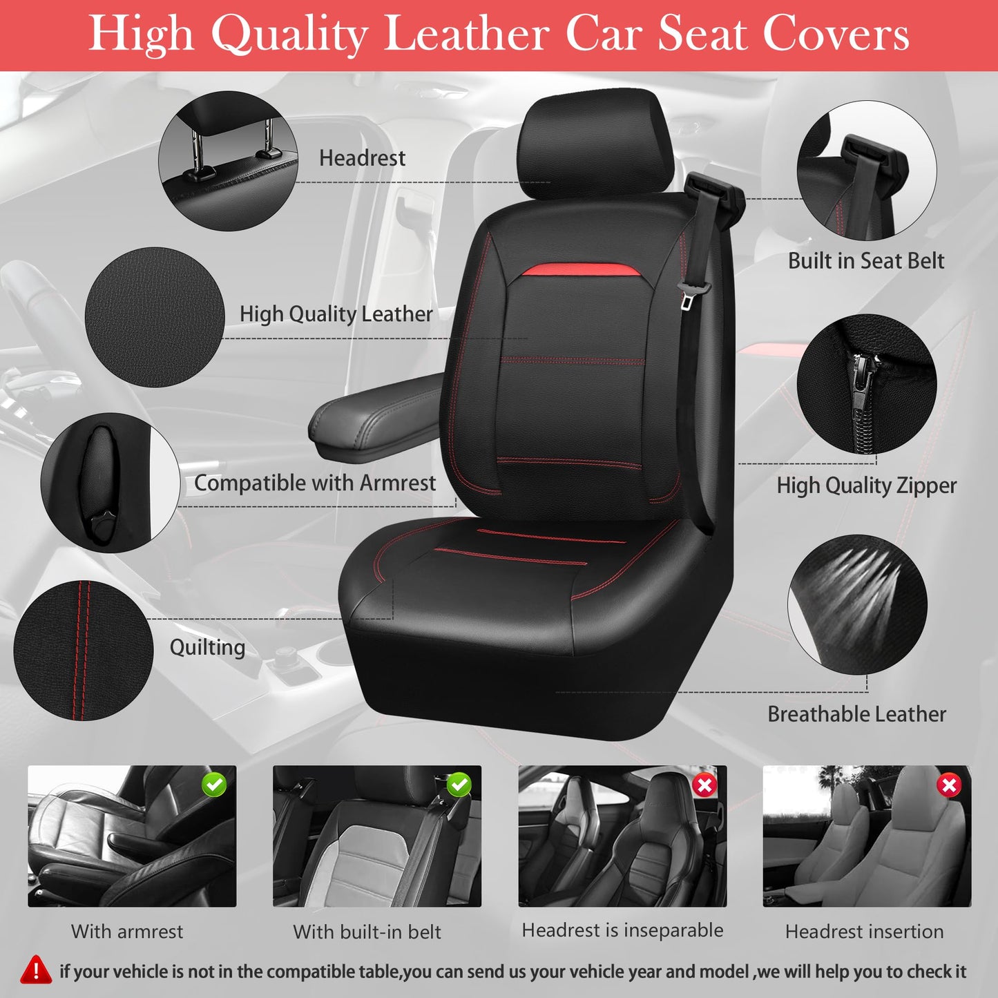 CAR PASS Universal FIT Piping Leather Car Seat Cover, for suvs,Van,Trucks,Airbag Compatible,Inside Zipper Design and Reserved Opening Holes (Full Set, Black and Red)