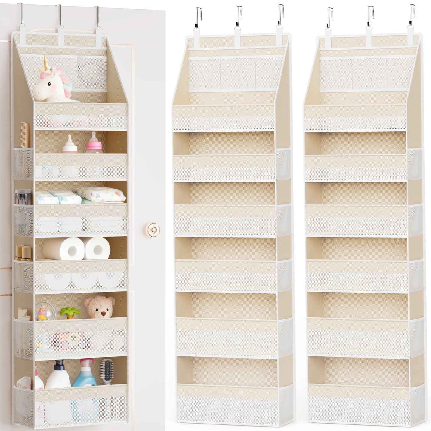 Criusia Over the Door Organizer, Heavy-Duty 6-Shelf Hanging Storage with 13 Mesh Pockets, 55lbs Capacity Behind the Door Storage for Nursery, Bathroom, Bedroom, and Dorm, White