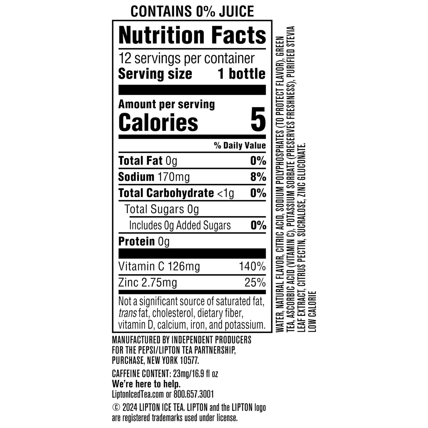 Lipton Zero Sugar Iced Tea, Green Tea Citrus, 16.9 fl oz Bottles, (12 Pack), 100% DV Vitamin C