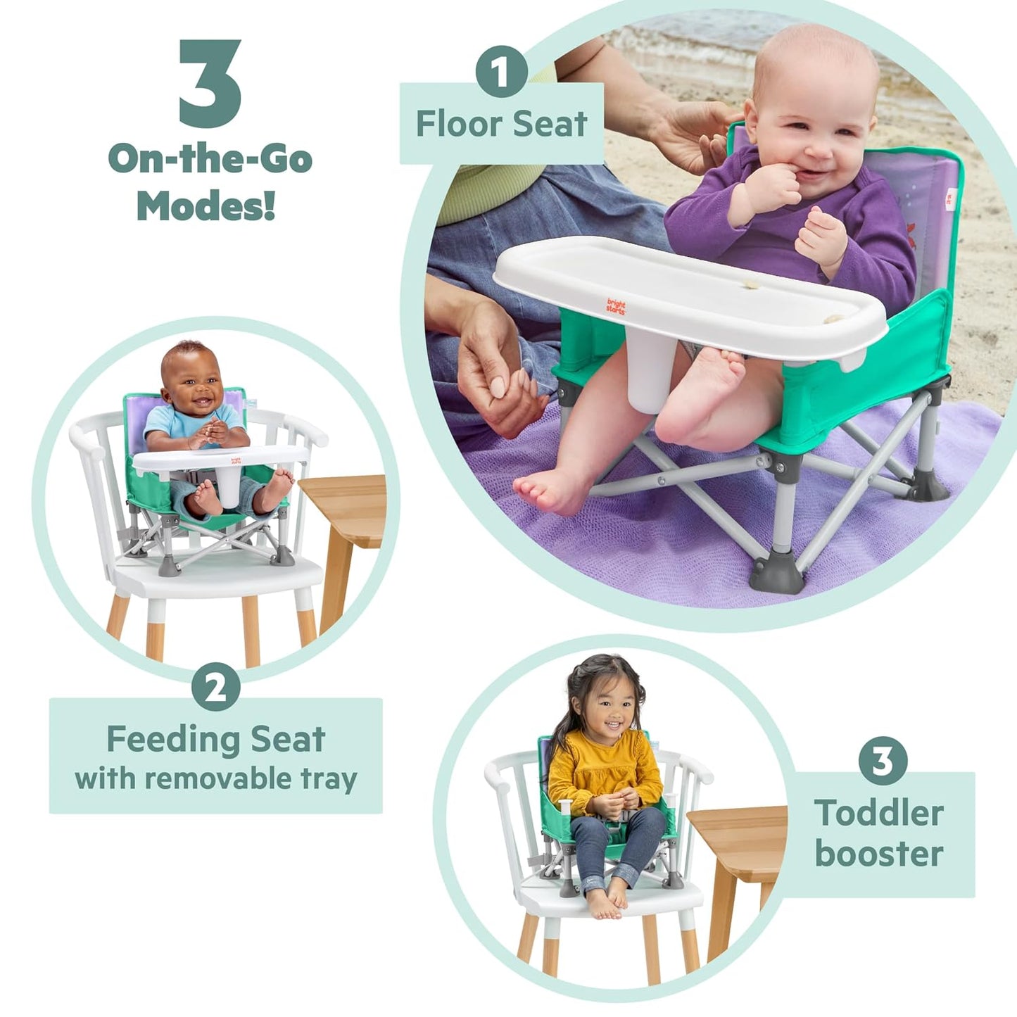 Bright Starts Pop 'N Sit Portable Booster, Indoor/Outdoor Use, Floor Seat with Feeding Tray, Teal, 6 Mos - 3 Yrs