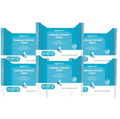 Amazon Basics Makeup Remover Wipes, Fragrance-Free, Alcohol-Free, Gentle Cleansing, Plant-Based, Dermatologist Tested, Removes Waterproof Mascara, Resealable, 25 Count, 1-Pack
