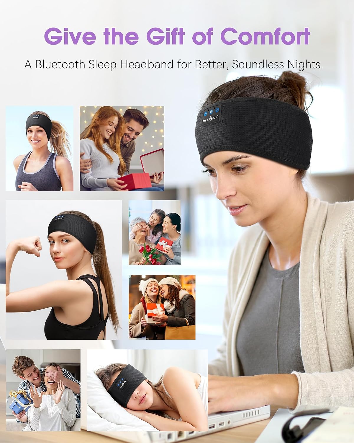 MUSICOZY Sleep Headphones Bluetooth Headband Headphones for Side Sleepers