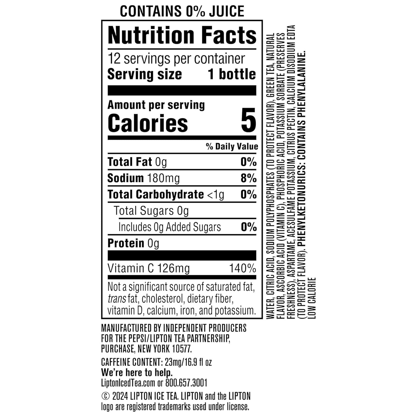 Lipton Zero Sugar Iced Tea, Green Tea Citrus, 16.9 fl oz Bottles, (12 Pack), 100% DV Vitamin C