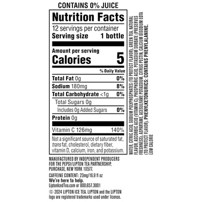 Lipton Zero Sugar Iced Tea, Green Tea Citrus, 16.9 fl oz Bottles, (12 Pack), 100% DV Vitamin C