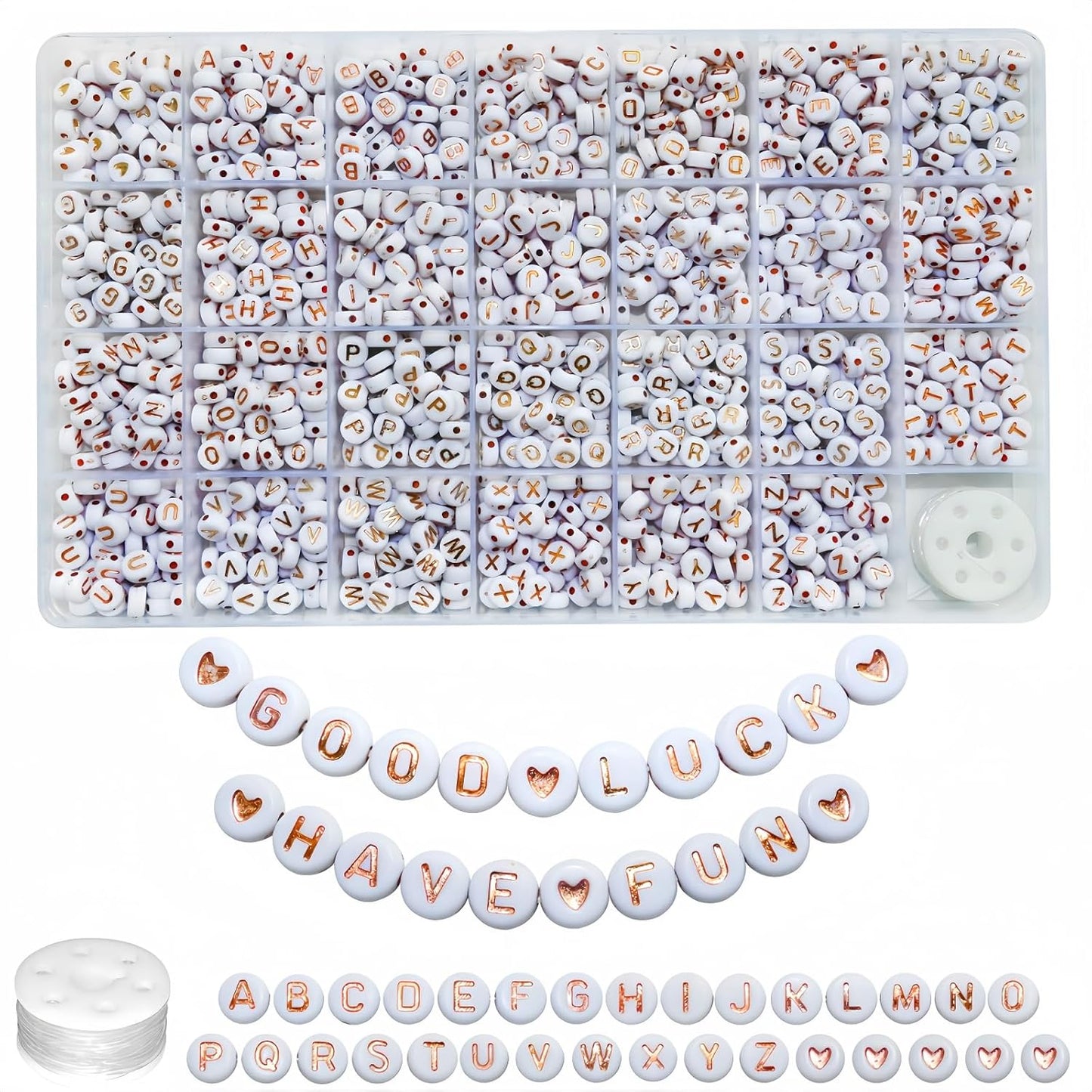 Looconi 810pcs Gold Letter Beads Square 6x6mm White Cube Acrylic Alphabet A-Z with Heart Pattern and Crystal Line for Jewelry Making