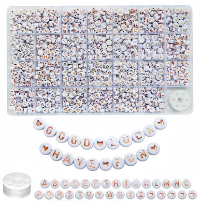 Looconi 810pcs Gold Letter Beads Square 6x6mm White Cube Acrylic Alphabet A-Z with Heart Pattern and Crystal Line for Jewelry Making