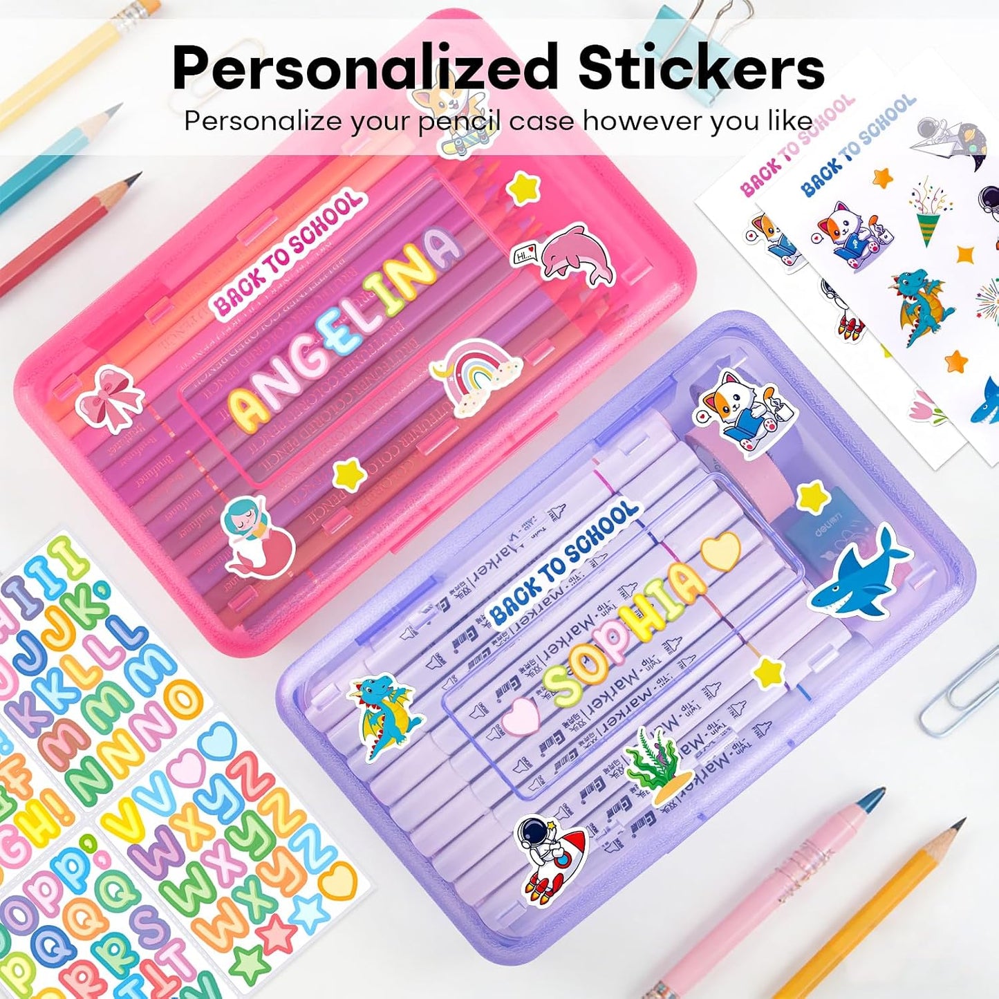 Clear Plastic Hard Pencil box Case with Personalized Sticker for Girl Boy