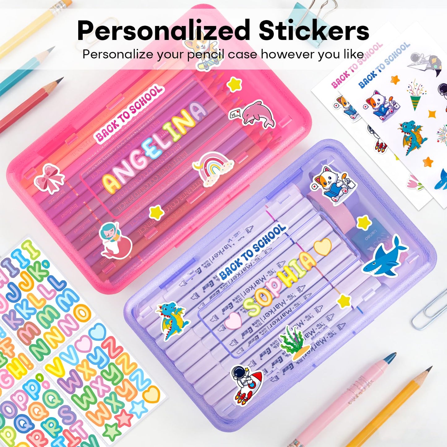 Clear Plastic Hard Pencil box Case with Personalized Sticker for Girl Boy