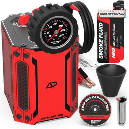 AutoLine Pro HyperSmoke™ Automotive Smoke Machine EVAP Vacuum Leak Tester – Adjustable Pressure – OEM Approved Smoke Fluid – Built-in Air Compressor Motor – Includes Cone and Gas Cap EVAP Adapter.