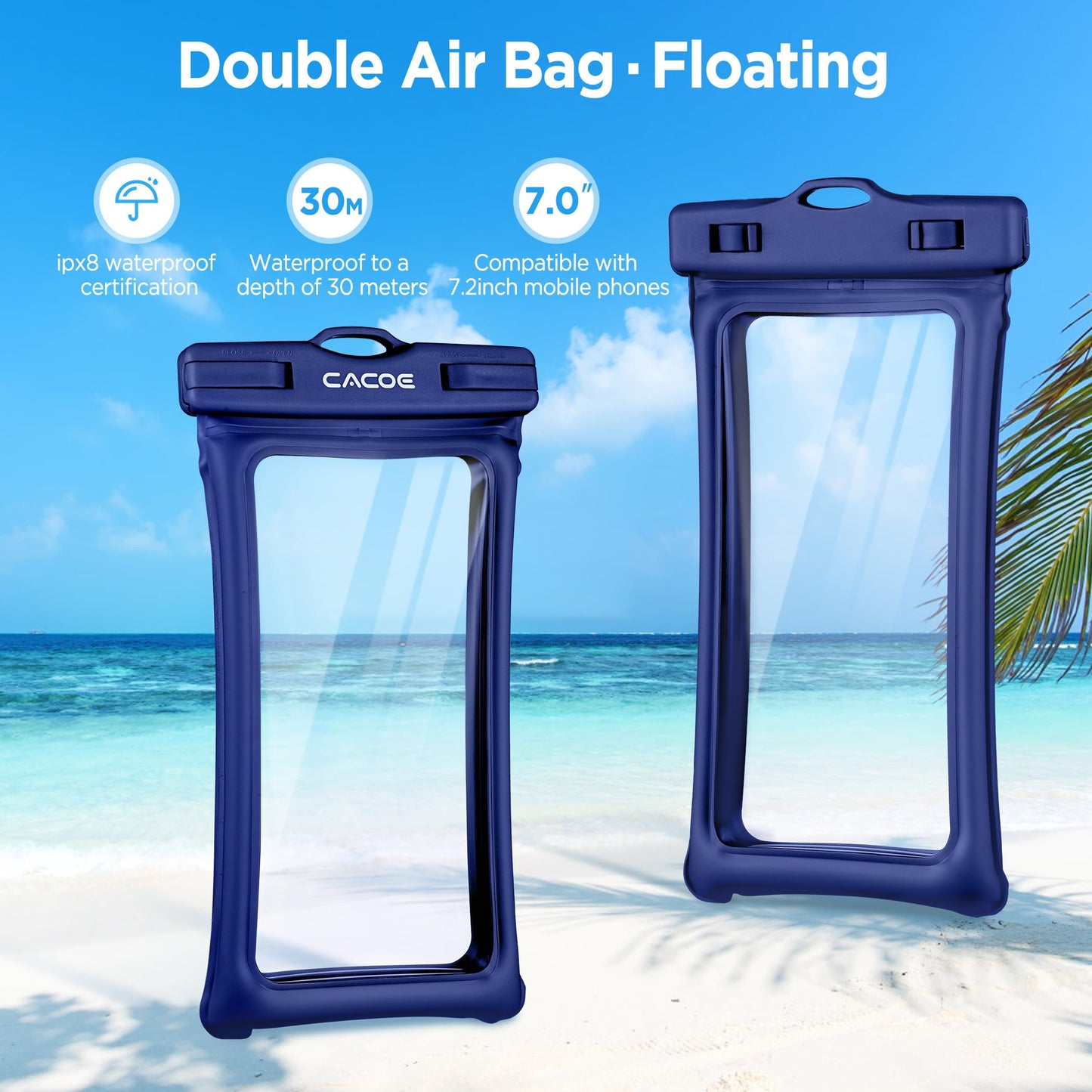 CACOE Floatable Waterproof Phone Pouch 2 Pack Up to 7.0",White+Blue