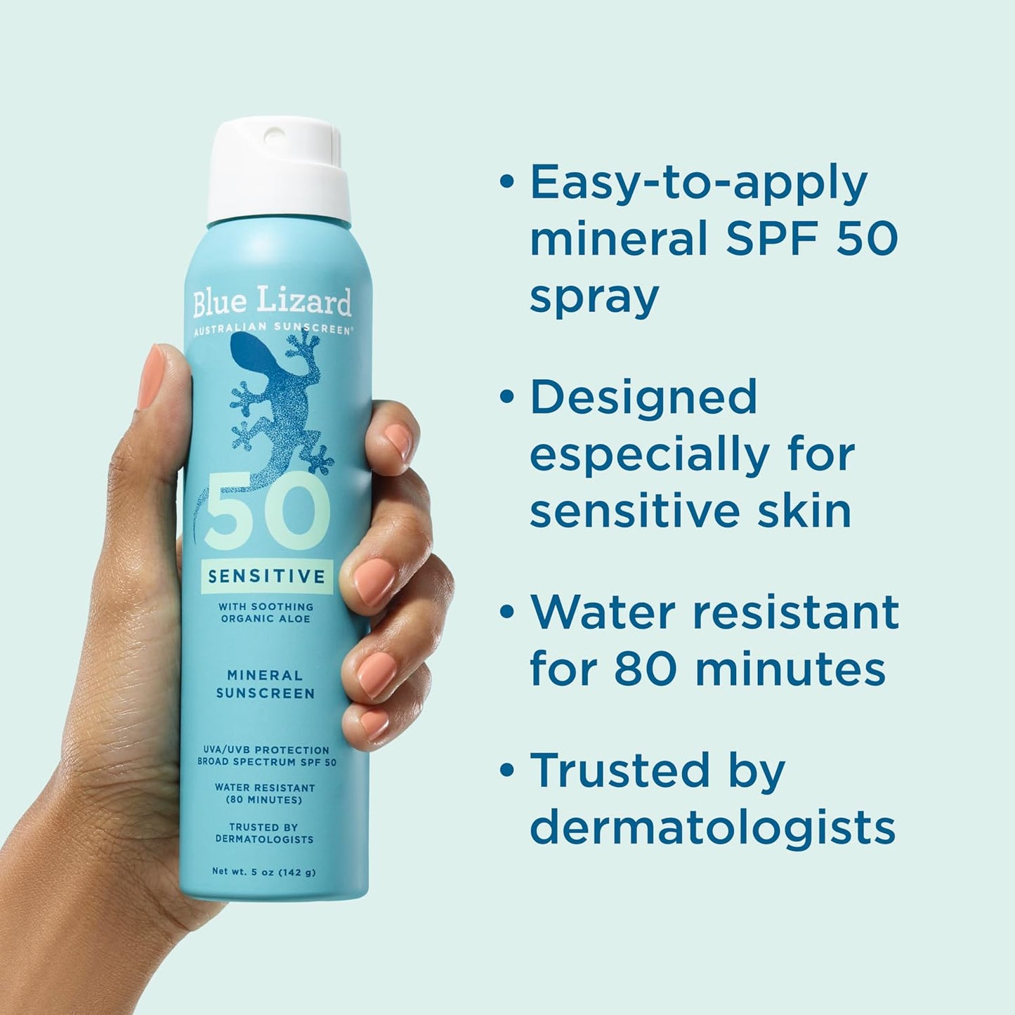 Blue Lizard Sensitive Mineral SPF 50 Sunscreen Lotion, 100% Mineral Sunscreen, UVA/UVB Protection, Infused with organic Aloe Vera, Soothes and Hydrates, 5 fl oz