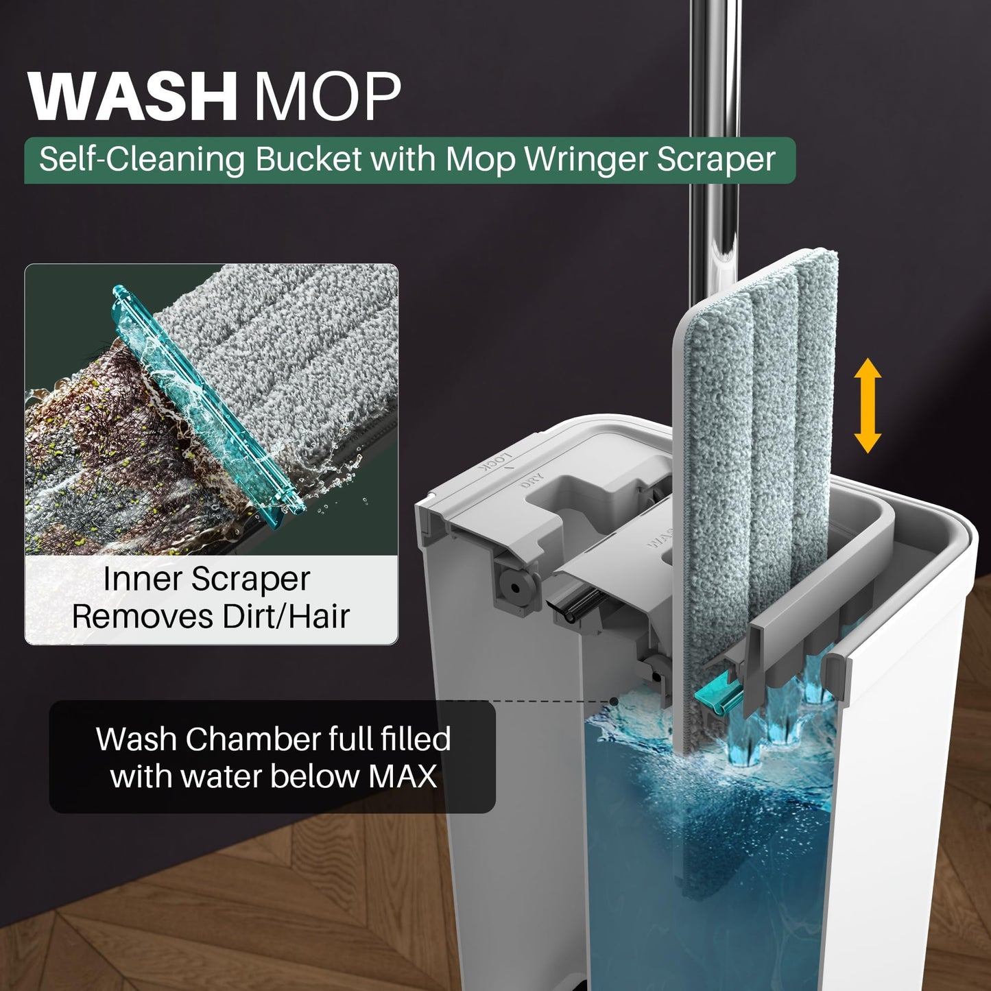 JOYMOOP Wall Mop and Bucket Set, Hands-Free Flat Floor Mop with 3 Washable Microfiber Pads, Wet and Dry Use, Ideal for Home and Commercial Floor Cleaning