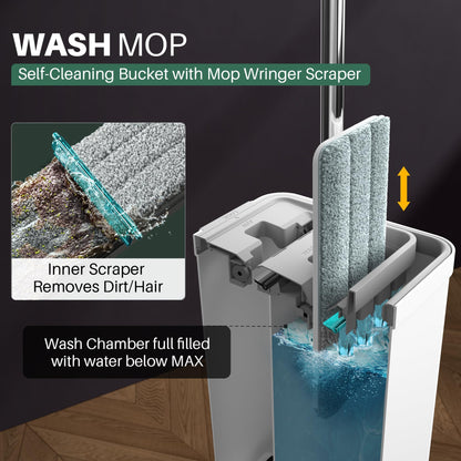 JOYMOOP Wall Mop and Bucket Set, Hands-Free Flat Floor Mop with 3 Washable Microfiber Pads, Wet and Dry Use, Ideal for Home and Commercial Floor Cleaning