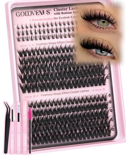 Goddvenus Brown Wispy Eye Lash Clusters Kit Natural Cluster Eyelash Extensions Kit False Eyelash Clusters Fluffy DIY Individual Lash Extensions Kit C Curl