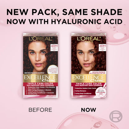 L'Oreal Paris Excellence Crème Permanent Hair Dye, Triple Care Hair Color with Hyaluronic Acid for 100% Gray Coverage, 4 Dark Brown, 1 Kit (Packaging May Vary)