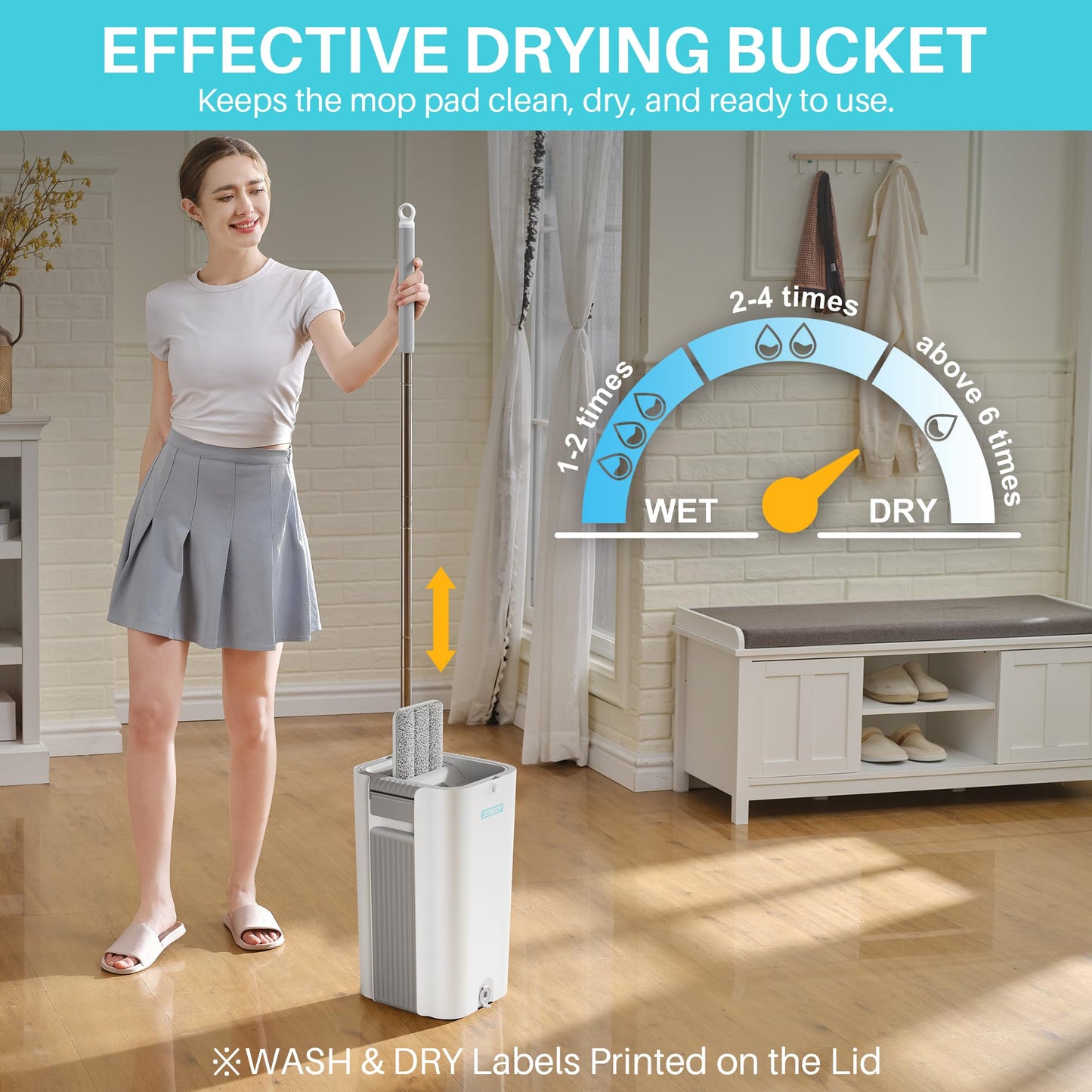 JOYMOOP Wall Mop and Bucket Set, Hands-Free Flat Floor Mop with 3 Washable Microfiber Pads, Wet and Dry Use, Ideal for Home and Commercial Floor Cleaning