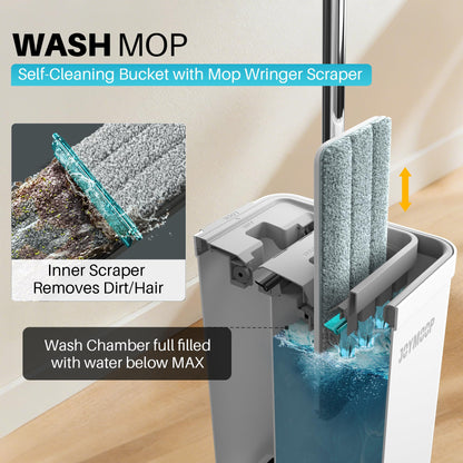 JOYMOOP Wall Mop and Bucket Set, Hands-Free Flat Floor Mop with 3 Washable Microfiber Pads, Wet and Dry Use, Ideal for Home and Commercial Floor Cleaning