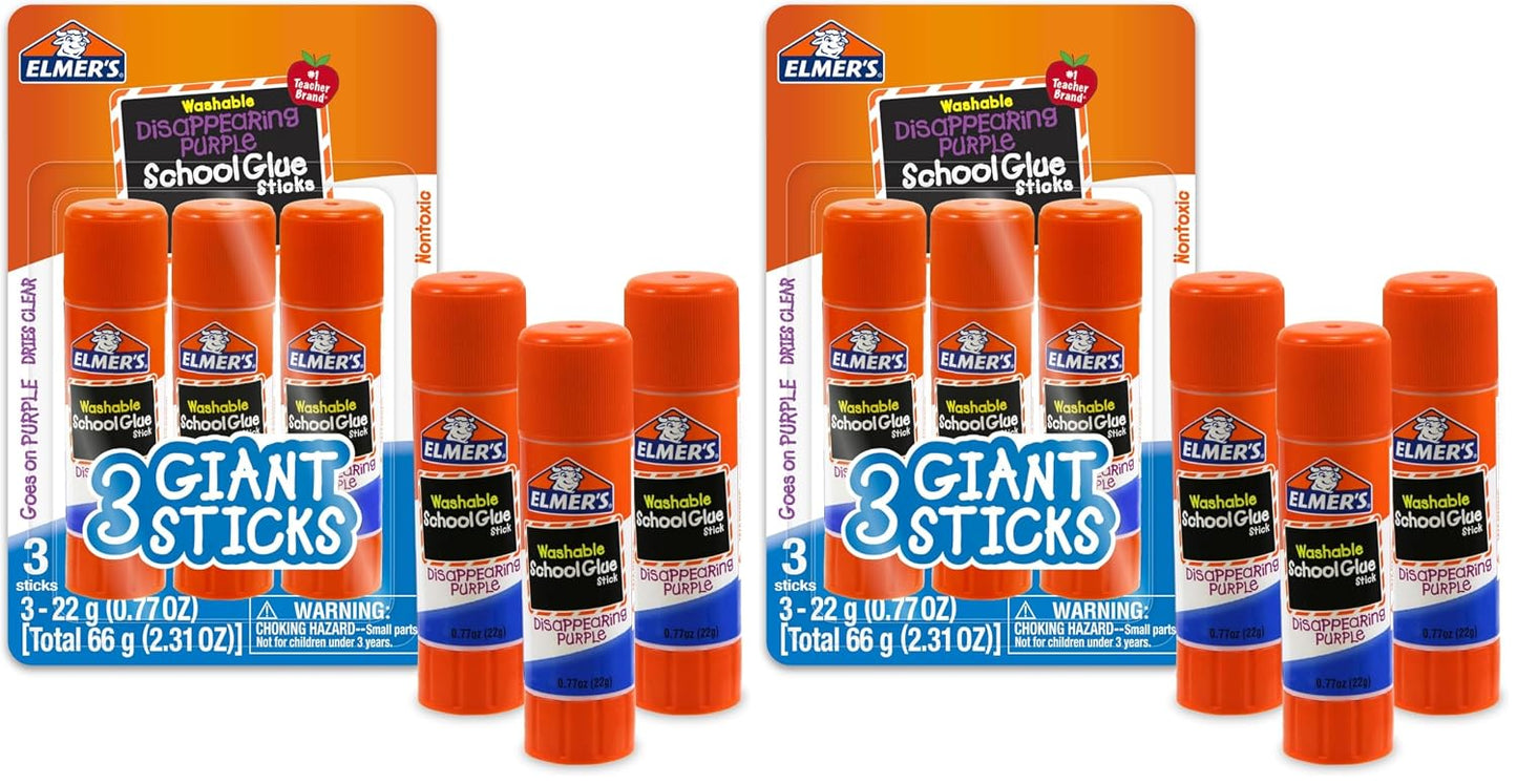 Elmer's Disappearing Purple School Glue Sticks, Washable, 22 Grams, 3 Count - Poster, Vision Board, Back to School Supplies, #1 Teacher Brand