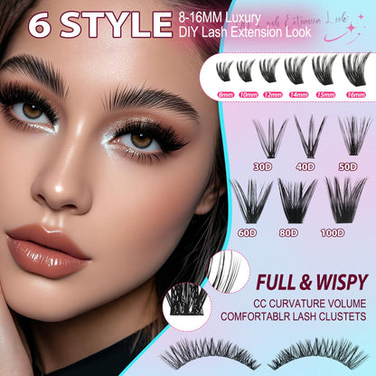 Lash Clusters Wispy 100D Eyelash Clusters 10-18mm Fluff Cluster Eyelash Extensions D Curl No Plastic Feel Individual Lashes Extension 204 Pcs Versatile False Eyelashes Clusters