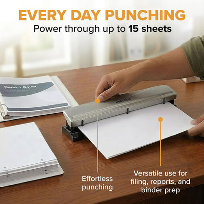 Bostitch Office Premium 3 Hole Punch, 12 Sheet Capacity, Metal, Rubber Base, Easy-Clean Tray, Silver