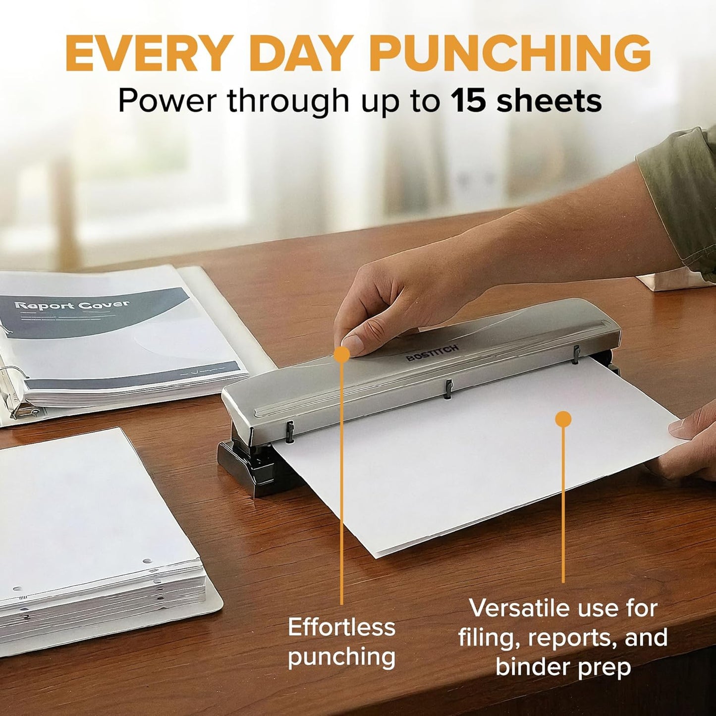 Bostitch Office Premium 3 Hole Punch, 12 Sheet Capacity, Metal, Rubber Base, Easy-Clean Tray, Silver