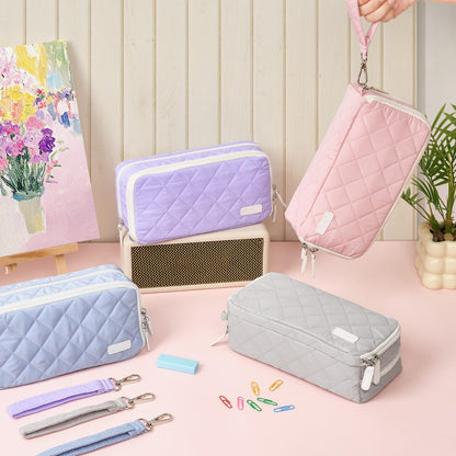 Sooez Large Pencil Case Pouch, Extra Big Pencil Bag with 8 Compartments, Pen Bag Wide Opening, Soft Quilted Pencil Pouch Organizer with Zipper, Portable Pencil Case for Teen Girls, Beige