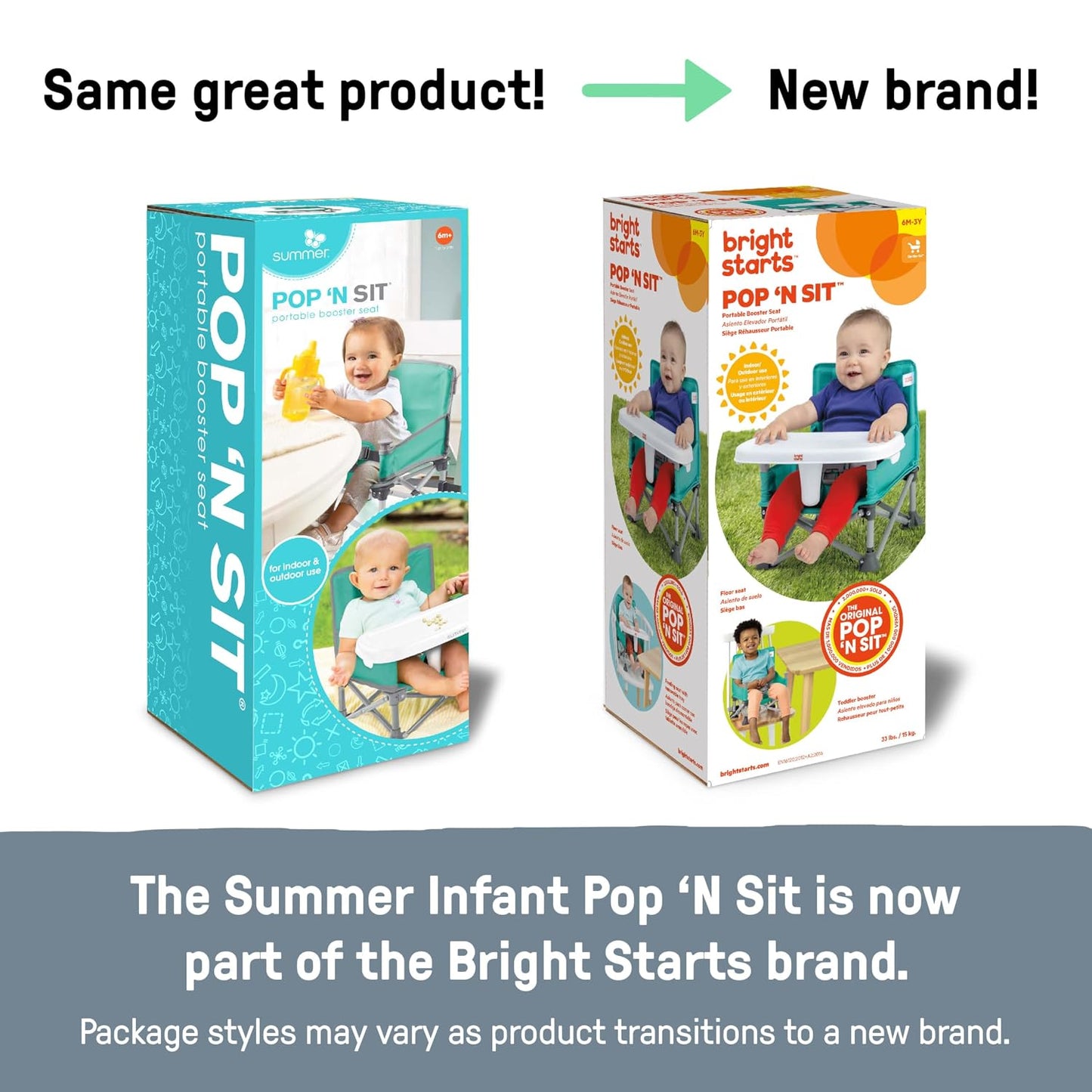 Bright Starts Pop 'N Sit Portable Booster, Indoor/Outdoor Use, Floor Seat with Feeding Tray, Teal, 6 Mos - 3 Yrs