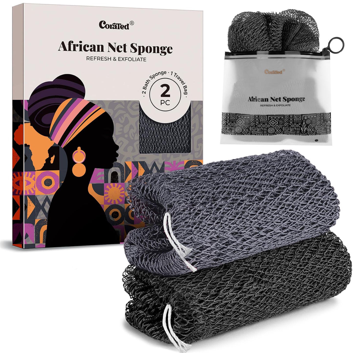 CORATED African Net Sponge with Knots Authentic, Shower Loofah Bath Sponge