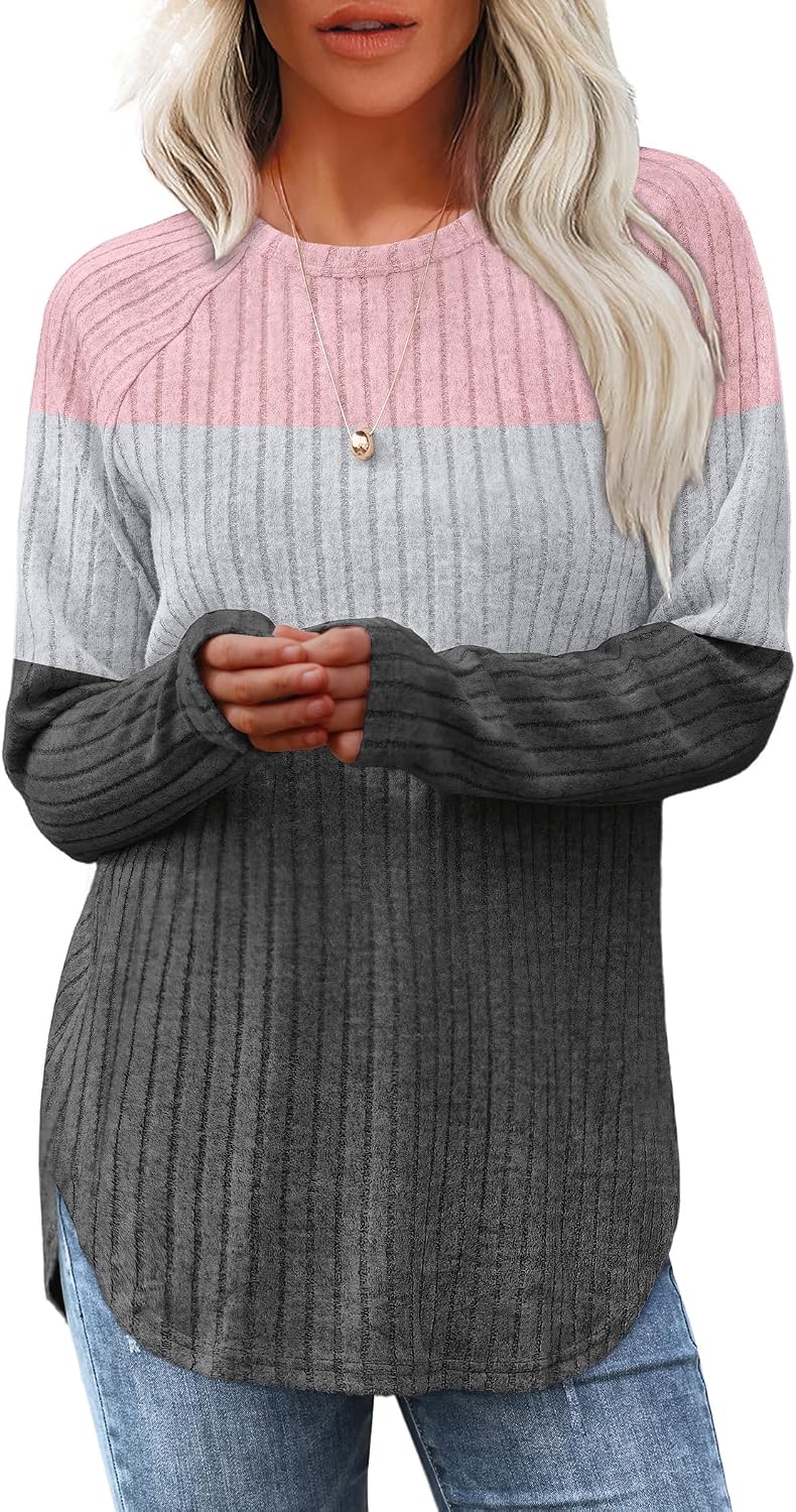 Saloogoe Long Sleeve Shirts for Women 2026 Fall Clothes Tunic Tops Loose Fit Dressy Crewneck Pullover Sweaters Curved Hem