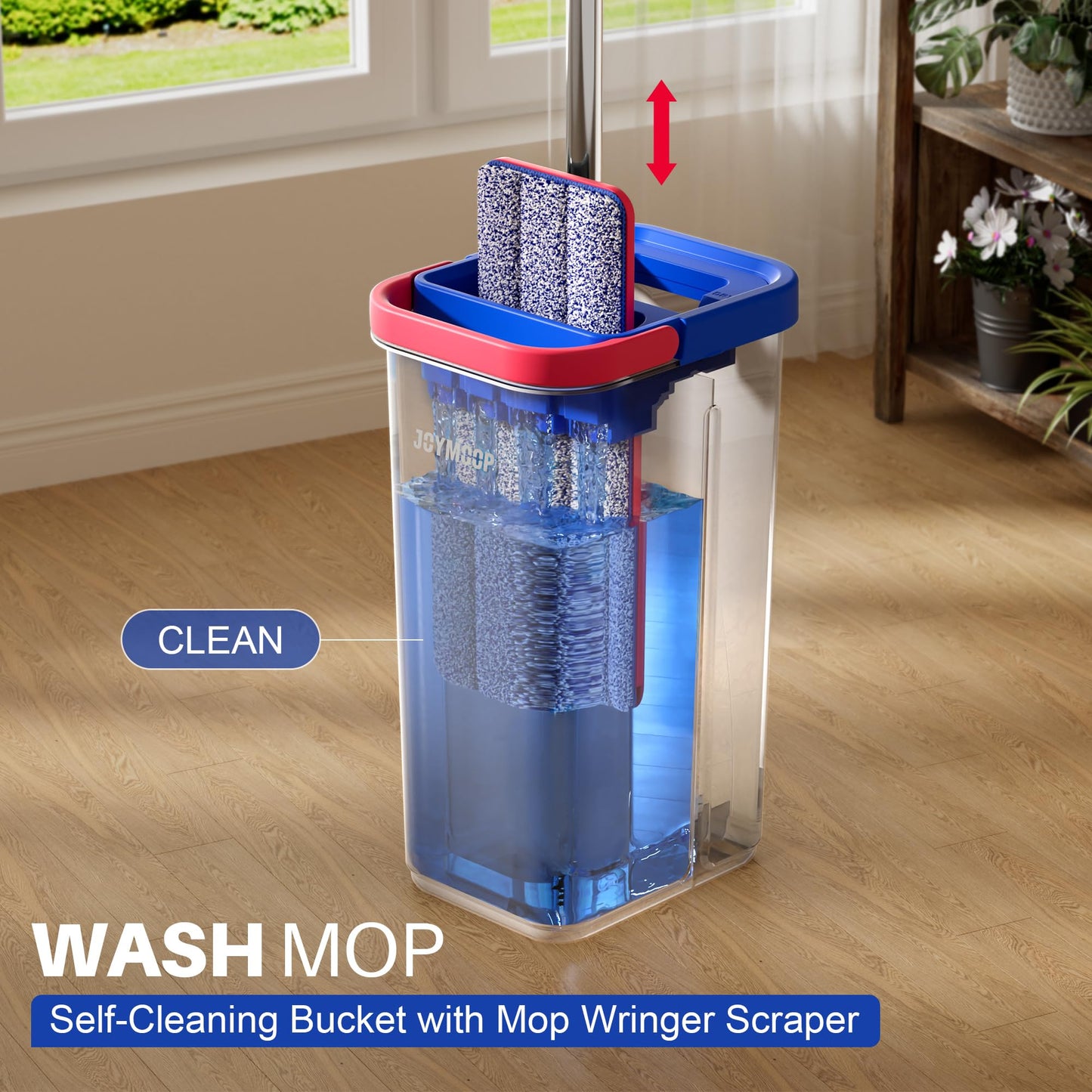 JOYMOOP Wall Mop and Bucket Set, Hands-Free Flat Floor Mop with 3 Washable Microfiber Pads, Wet and Dry Use, Ideal for Home and Commercial Floor Cleaning