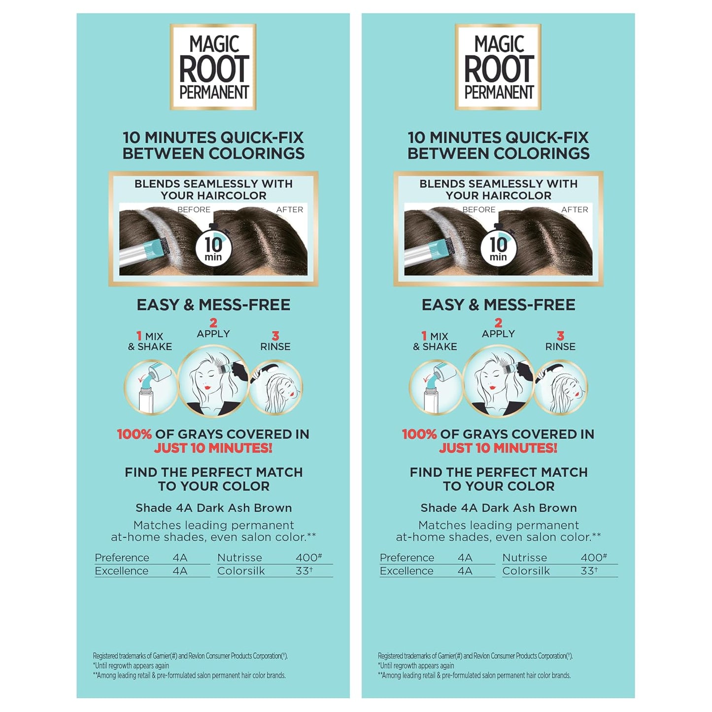 L'Oreal Paris Magic Root Permanent Hair Color Kit, 100% Gray Hair Coverage In Just 10 Minutes, Precision Brush Applicator for Seamless Application, 4 Dark Brown (2 Count)