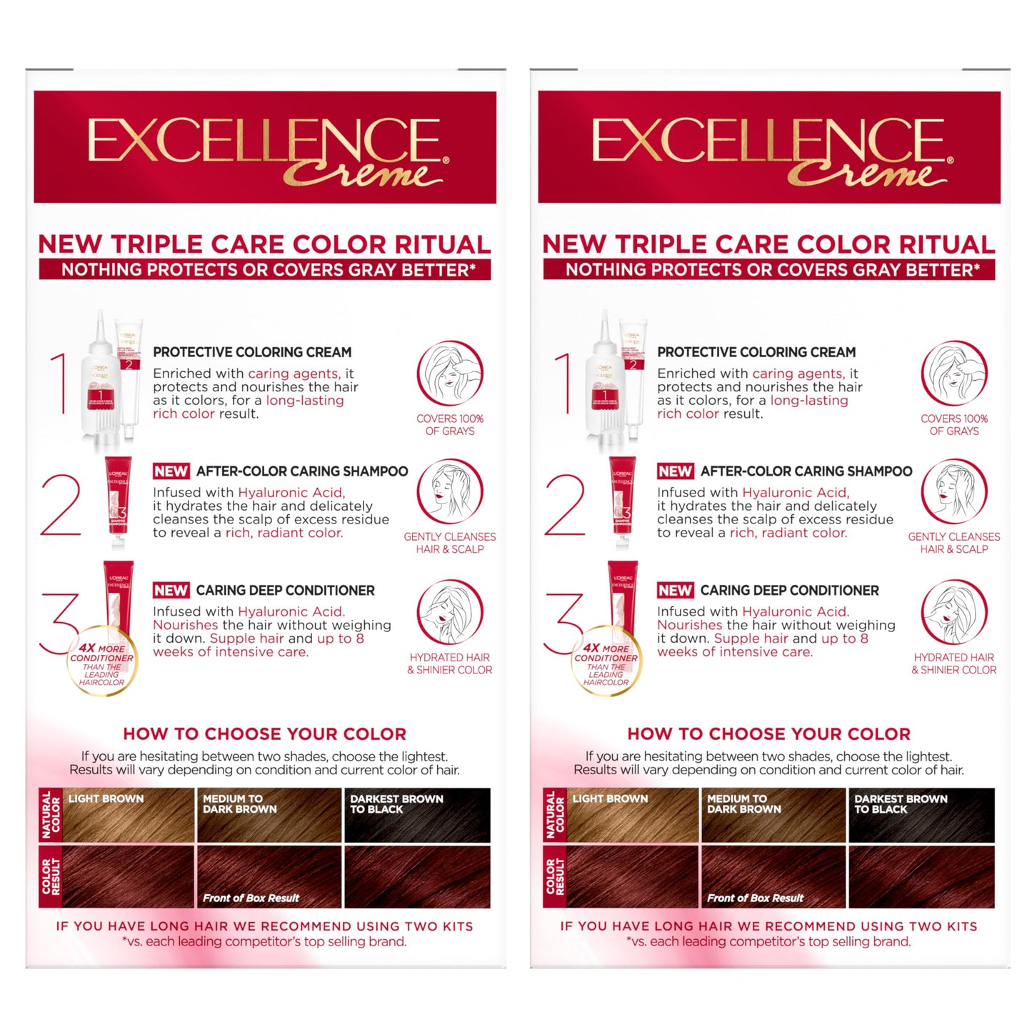 L'Oreal Paris Excellence Crème Permanent Hair Dye, Triple Care Hair Color with Hyaluronic Acid for 100% Gray Coverage, 4 Dark Brown, 1 Kit (Packaging May Vary)