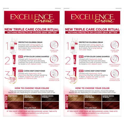 L'Oreal Paris Excellence Crème Permanent Hair Dye, Triple Care Hair Color with Hyaluronic Acid for 100% Gray Coverage, 4 Dark Brown, 1 Kit (Packaging May Vary)