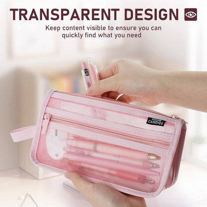 Four Candies Grid Mesh Pencil Case, Clear Double-layer with Handle (Purple)