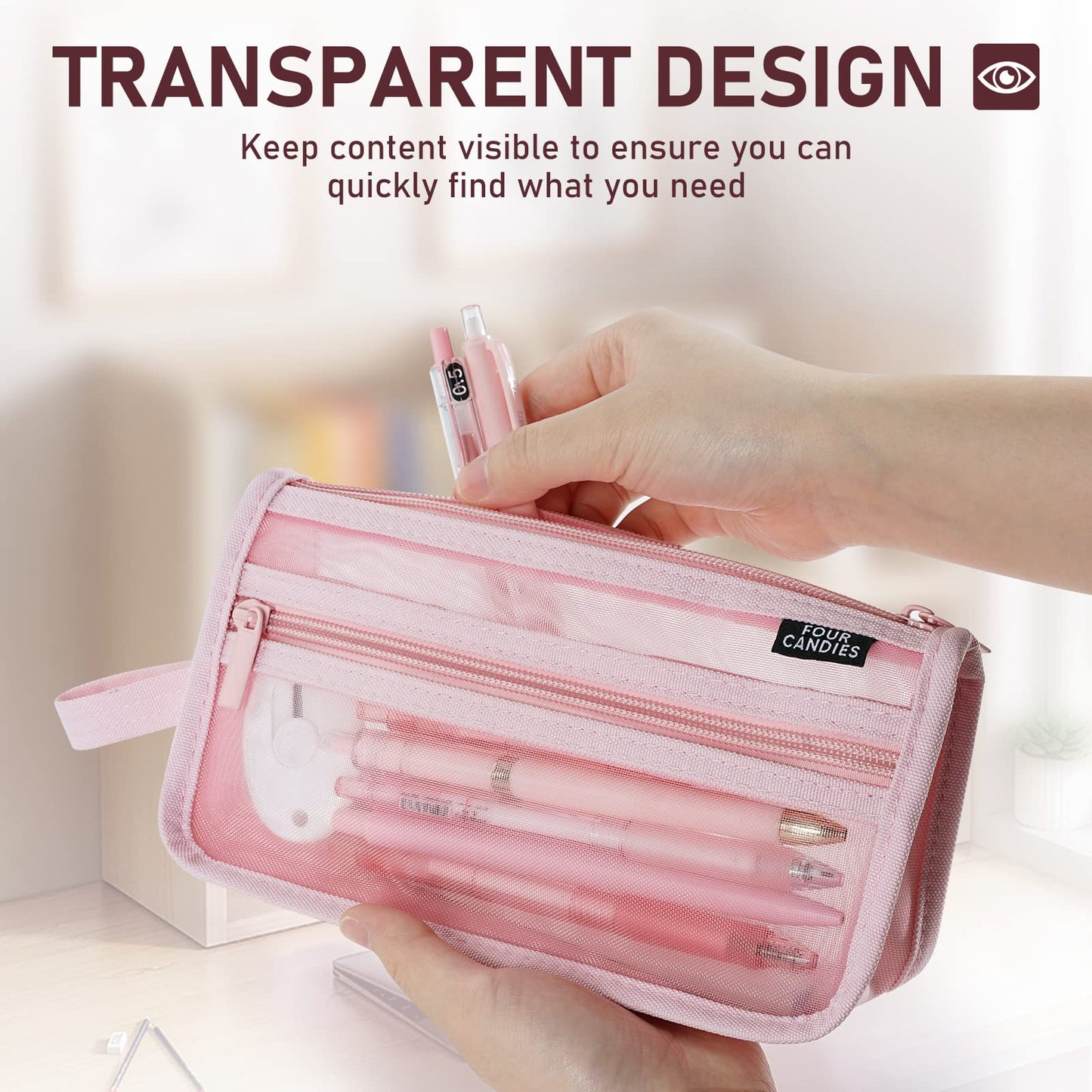 Four Candies Grid Mesh Pencil Case, Clear Double-layer with Handle (Purple)