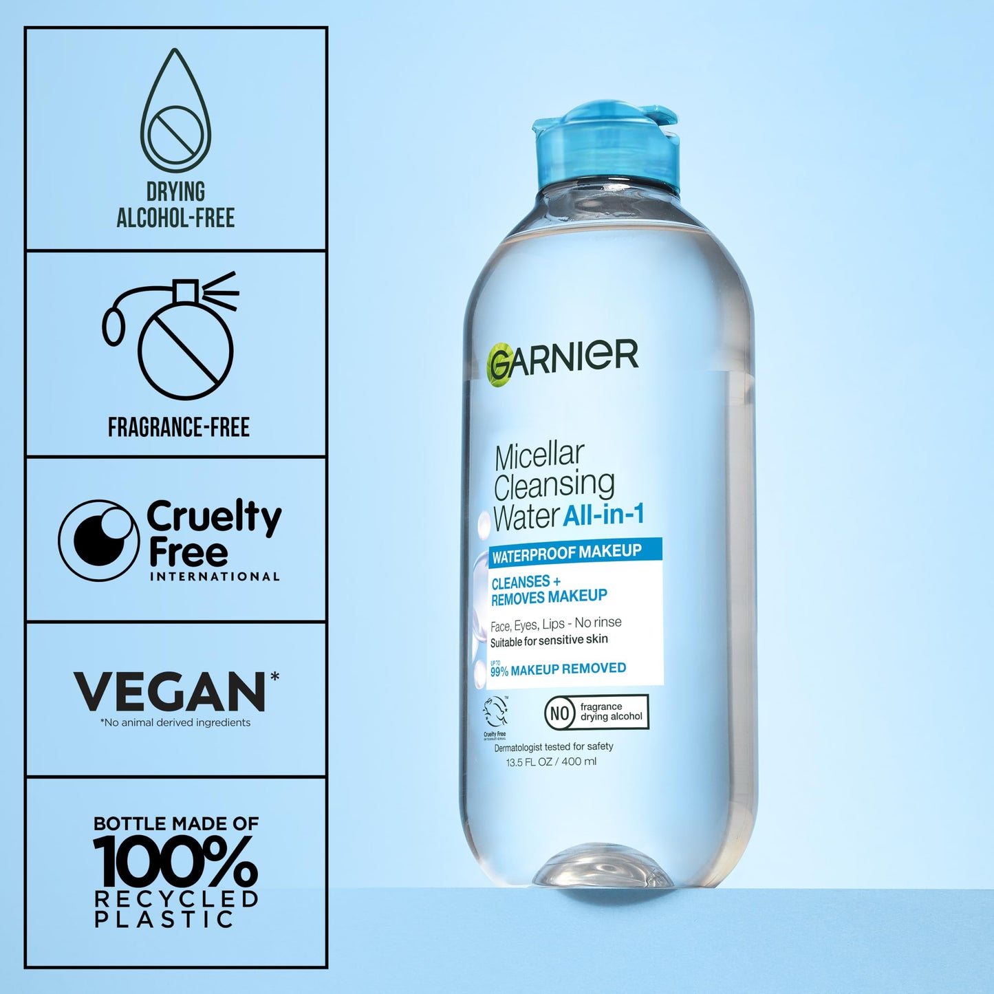 Garnier Micellar Water For Waterproof Makeup, Hydrating Facial Cleanser & Makeup Remover, Suitable for Sensitive Skin, Vegan, Cruelty Free, 13.5 Fl Oz (400mL), 1 Count
