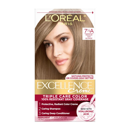 L'Oreal Paris Excellence Crème Permanent Hair Dye, Triple Care Hair Color with Hyaluronic Acid for 100% Gray Coverage, 4 Dark Brown, 1 Kit (Packaging May Vary)
