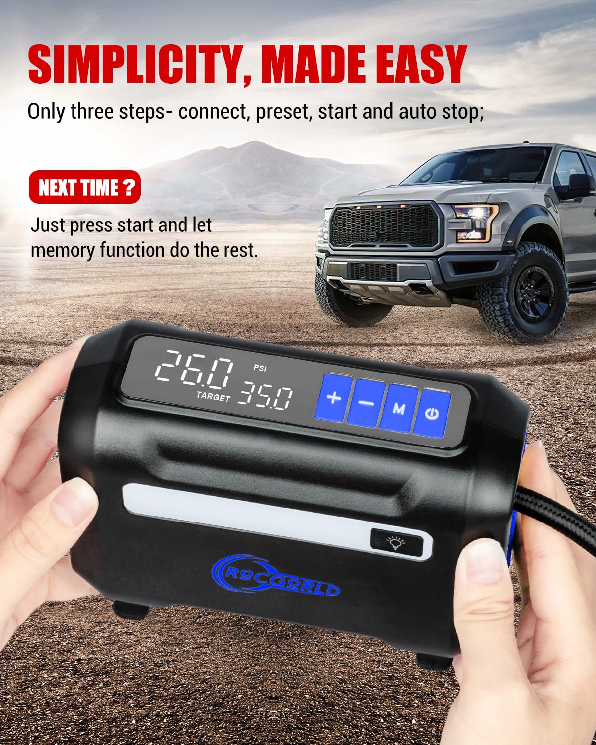ROCGORLD R8 Tire Inflator Portable Air Compressor, DC 12V Air Compressor Portable with Large Dual Digital Screen, 3X Faster Inflation Air Pump for Car, Bike, Ball, Motor