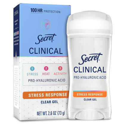 Secret Clinical Strength 100HR Sweat & Odor, Clear Gel Antiperspirant Deodorant for Women, 3X Stress Protection with Hyaluronic Acid, PH Balancing Minerals, Clear Lavender Scent, 2.6 oz