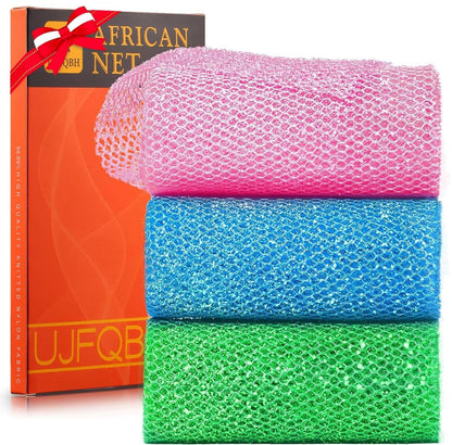 UJFQBH African Net Sponge Authenti, Exfoliating Body Scrubber for Back and Hard to Reach Areas, Gentle Daily Exfoliation for Deep Cleansing, Quick Drying Shower Essential, Aqua Grey 3 Pack