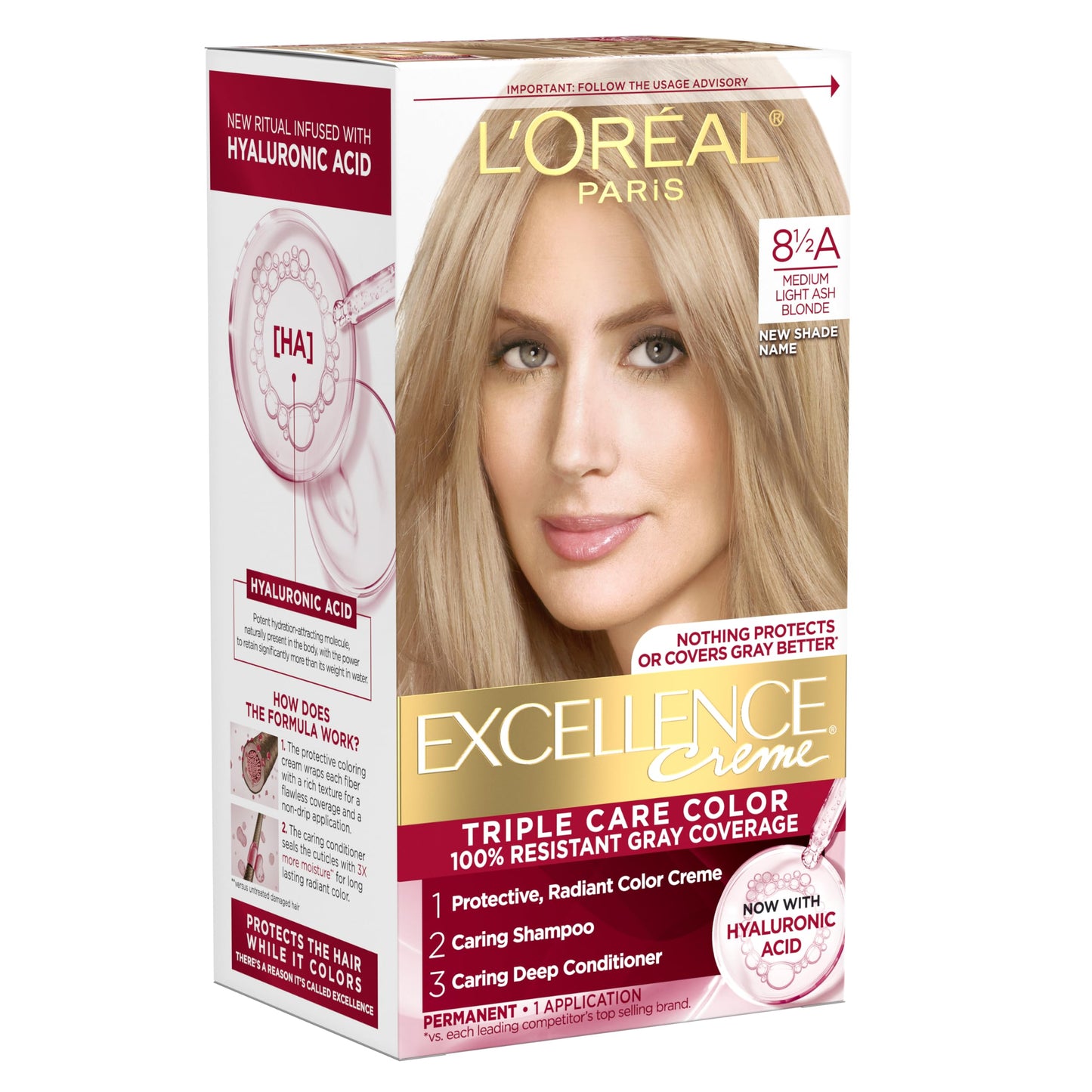 L'Oreal Paris Excellence Crème Permanent Hair Dye, Triple Care Hair Color with Hyaluronic Acid for 100% Gray Coverage, 4 Dark Brown, 1 Kit (Packaging May Vary)