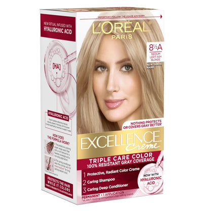 L'Oreal Paris Excellence Crème Permanent Hair Dye, Triple Care Hair Color with Hyaluronic Acid for 100% Gray Coverage, 4 Dark Brown, 1 Kit (Packaging May Vary)
